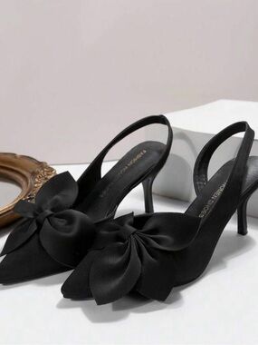 On Running Black Satin Pointed Slingback Heels with Bow